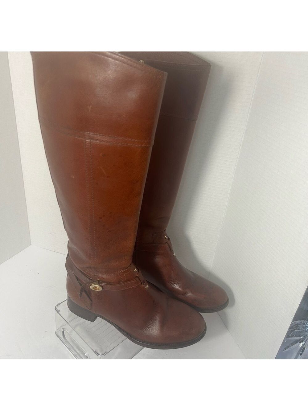 Tory Burch Women’s Leather Calf High Riding Boots Gold Tone Metal Logo Side Zip